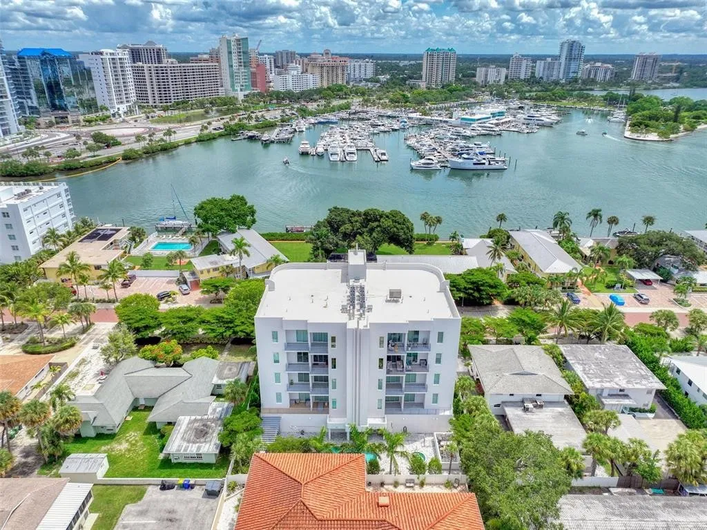 Aerial view of The Pearl and nearby waterfront